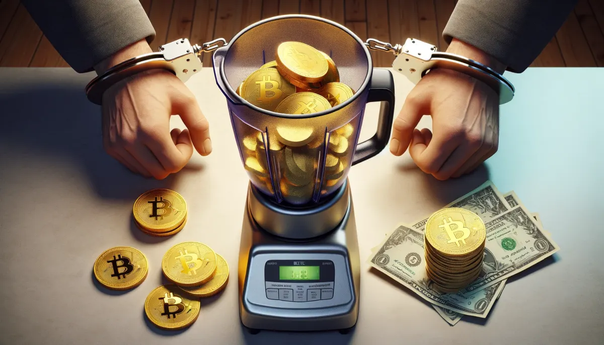 obrazek przedstawiający mikser kryptowalut z porozrzucanymi monetami bitcoin, w tle ręce zakute w kajdanki