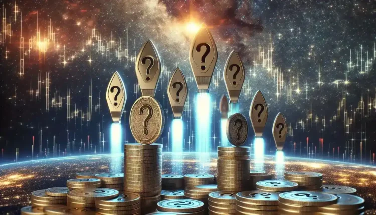 Monety ze znakiem zapytania. W tle kosmos i wykres giełdowy z gwiazd.