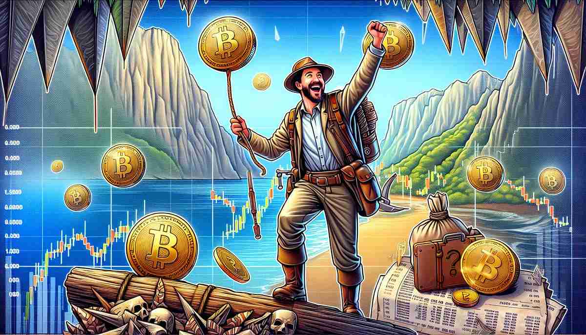 Odkrywca znajdujący Bitcoiny. W tle góry, rzeka i wykresy giełdowe.