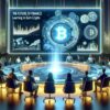 Obrady przy okrągłym stole w pomieszczeniu z dużymi oknami. Obradujący oglądają wykres Bitcoina na wielkim ekranie.
