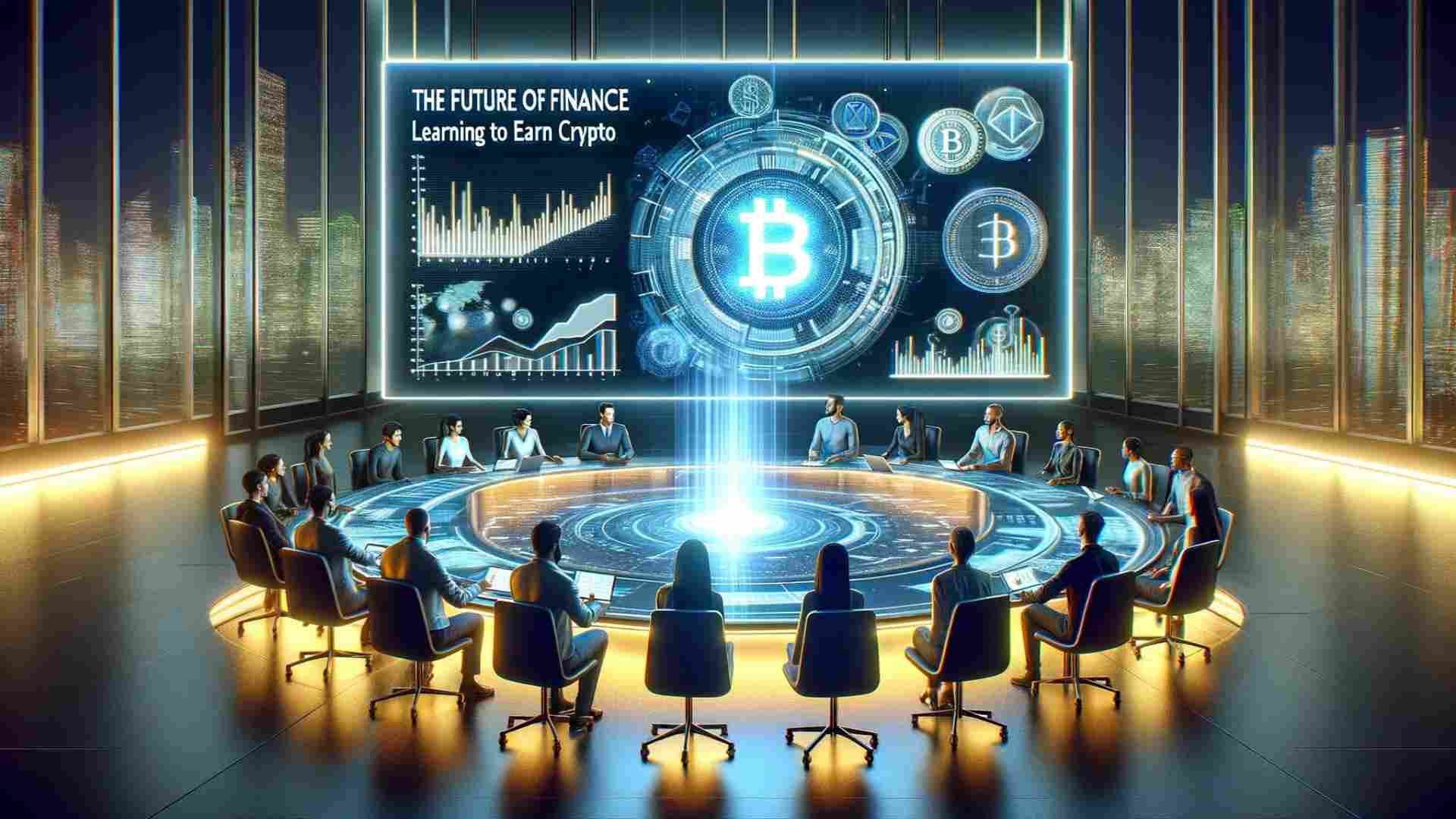 Obrady przy okrągłym stole w pomieszczeniu z dużymi oknami. Obradujący oglądają wykres Bitcoina na wielkim ekranie.
