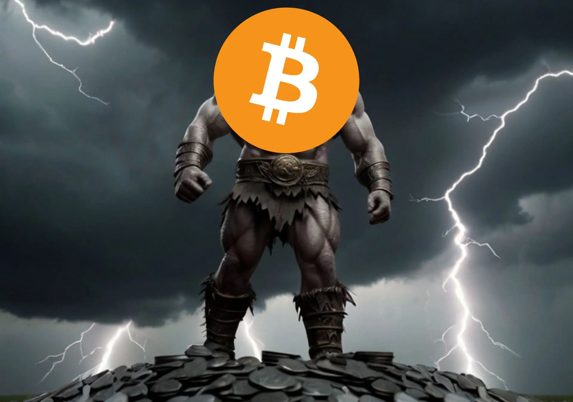 Olbrzym Bitcoin stojący na srebrnych monetach. W tle czarne chmury i pioruny.