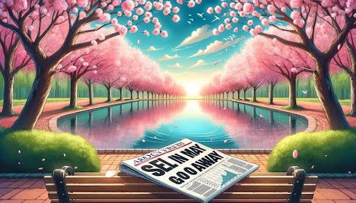 Gazeta z tytułem "Sell in may and go away" na ławce w parku. Różowe kwitnące drzewa.