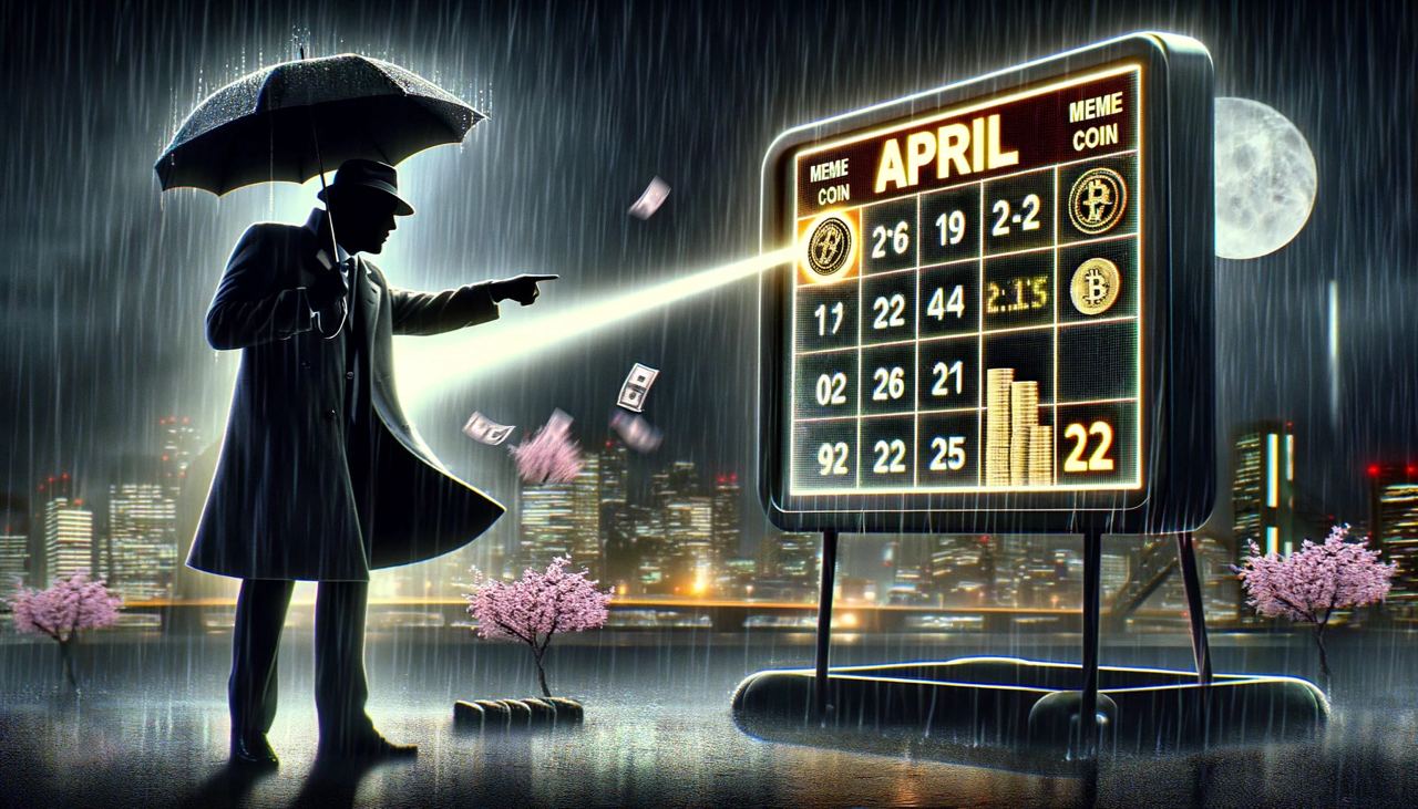 Mężczyzna w płaszczu, trzymający parasol, wskazuje palcem na tablice z kalendarzem. Deszczowa pogoda