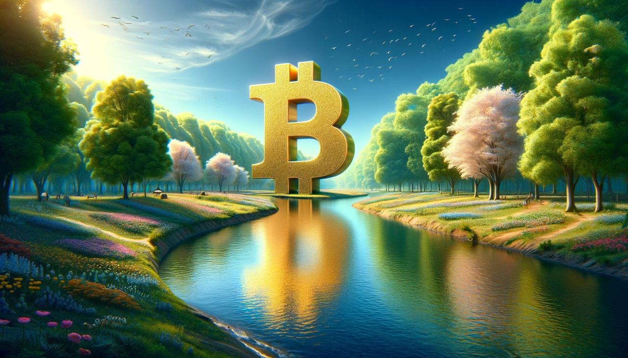 Bitcoin, rzeka, drzewa, błękitne niebo