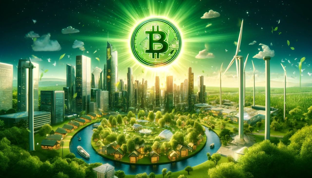Bitcoin jako słońce świecące nad miastem
