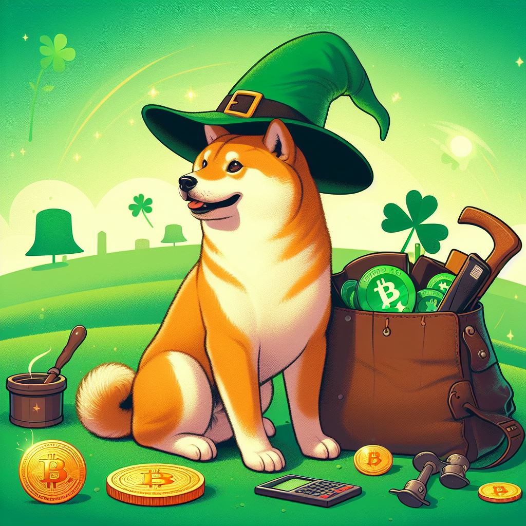 Piesek shiba inu w zielonej czapce na polanie, obok worek z zielonymi Bitcoinami