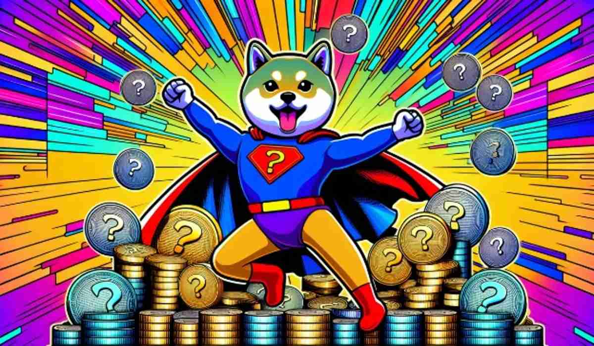 Pies w stroju supermana. Za nim stos monet ze znakiem zapytania. Kolorowe tło.