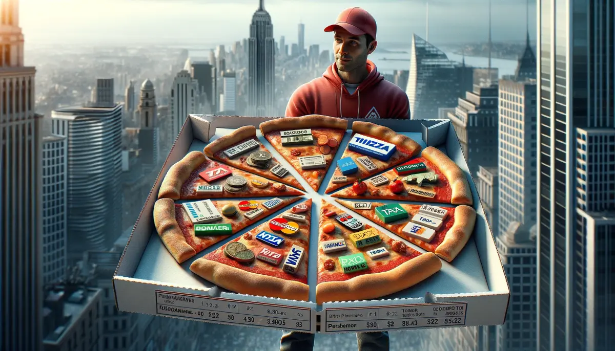dostawca trzymający pizzę symbolizującą tradycyjny system finansowy przedstawiony w reklamie coinbase