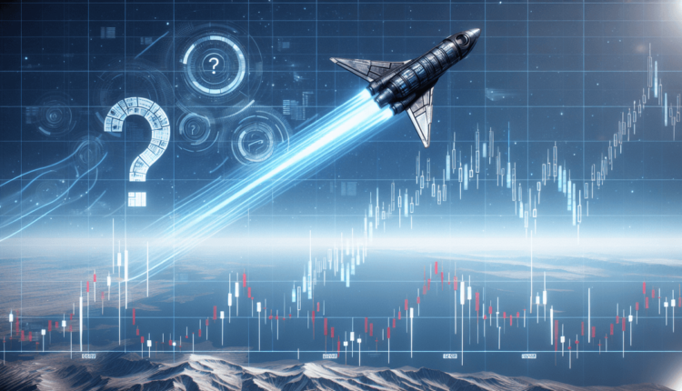 Rakieta, w tle znak zapytania i wykres giełdowy.