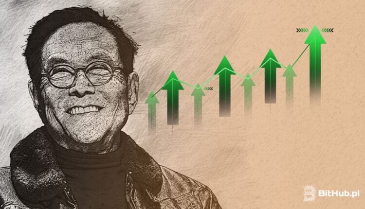 Uśmiechnięty Robert Kiyosaki na tle rosnącego, zielonego wykresu