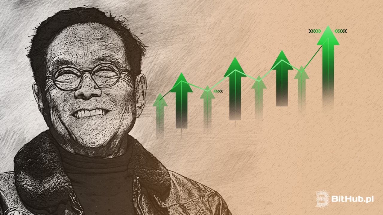 Uśmiechnięty Robert Kiyosaki na tle rosnącego, zielonego wykresu