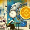 Leniwiec Slothana, obok kobieta siedząca przy biurku, w tle zegar i logo Binance.
