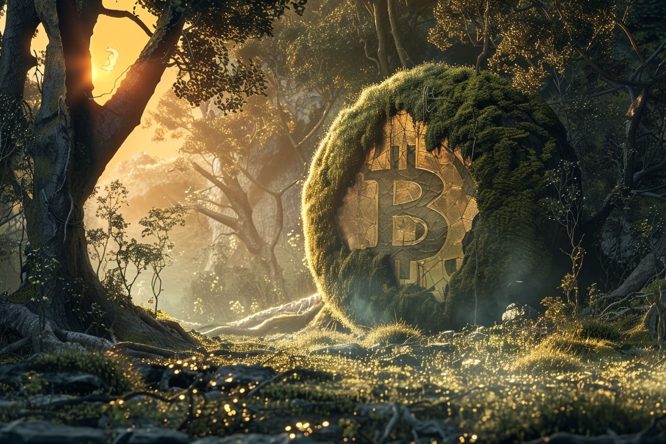 starożytny bitcoin pokryty mchem w lesie