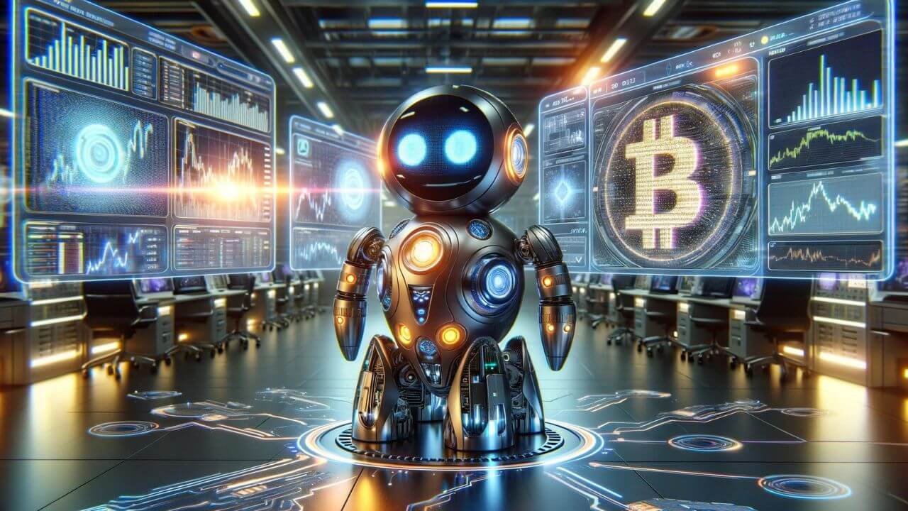 Robot SI na tle wykresów Bitcoina, futurystyczne