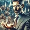 Trader w garniturze przyglądający się monetom ze znakiem zapytania. W tle wykresy giełdowe.