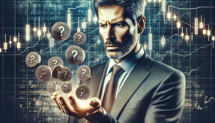 Trader w garniturze przyglądający się monetom ze znakiem zapytania. W tle wykresy giełdowe.