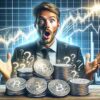 Trader obserwujący Bitcoiny, w tle wykres giełdowy
