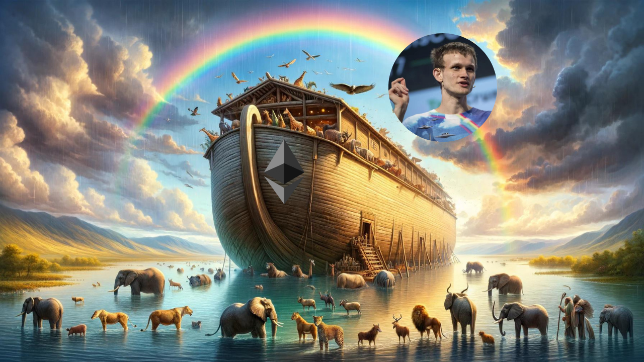 Arka Noego na tle tęczy z wizerunkiem Ethereum i Vitalika Buterina
