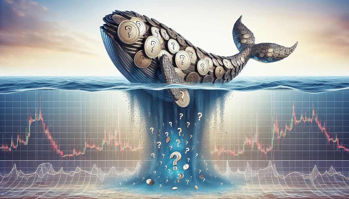 Wieloryb z monet ze znakiem zapytania, wyłaniający się z oceanu. Pod taflą wody widać wykresy giełdowe i znaki zapytania.