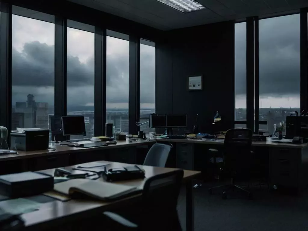 Zaciemnione biuro w wieżowcu. Puste stanowiska komputerowe. Za oknami czarne chmury zbierające się nad miastem.