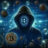 Tajemnicza postać w kapturze na tle cybernetycznej sieci i unoszących się monet Bitcoin