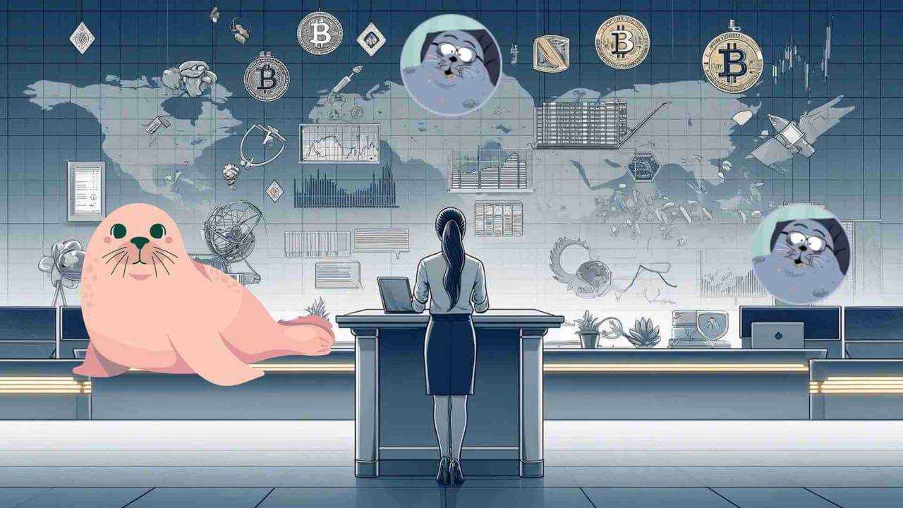 Kobieta przy mównicy. W tle mapa, Bitcoin, foka i logo Sealana