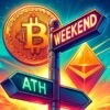 moneta bitcoin obok drogowskazów z napisami "weekend" i "ATH", obok symbol Ethereum
