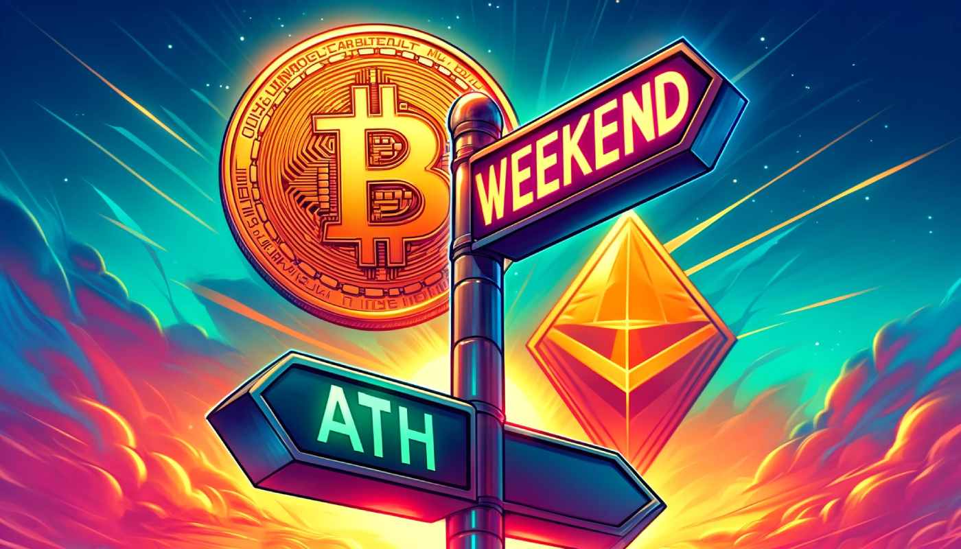 moneta bitcoin obok drogowskazów z napisami "weekend" i "ATH", obok symbol Ethereum