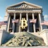 gmach banku z logiem bitcoin, przed bankiem góra dolarowych banknotów