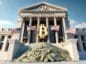gmach banku z logiem bitcoin, przed bankiem góra dolarowych banknotów