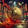 Bitcoin uderzający u podłoże. W tle czerwone wykresy