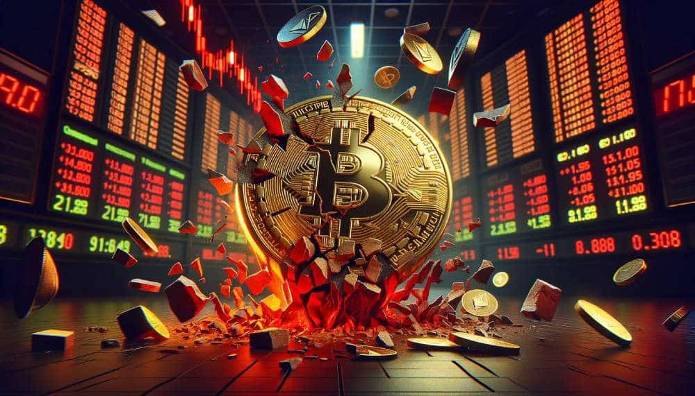 Bitcoin uderzający u podłoże. W tle czerwone wykresy
