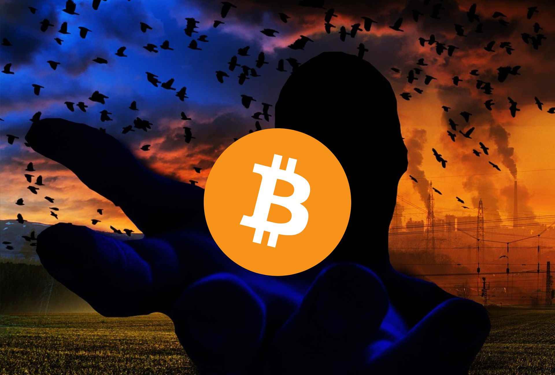 Ciemna postać trzymająca Bitcoina. W tle ciemne, zachmurzone niebo.