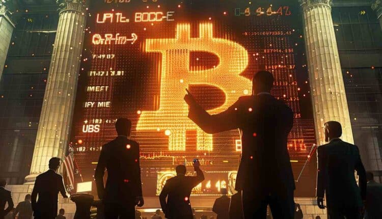 duży baner z żółtym logo bitcoin