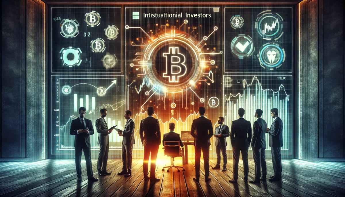 inwestorzy bitcoin etf zgromadzeni przed ogromnym ekranem z logo bitcoina i wykresami