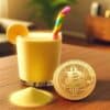 moneta bitcoin leżąca na stole, obok lemoniada w proszku z kolorową słomką