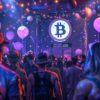 impreza użytkowników krypto czekającego na miliardowego użytkownika, wokół balony i duże logo bitcoina w centralnej części sali