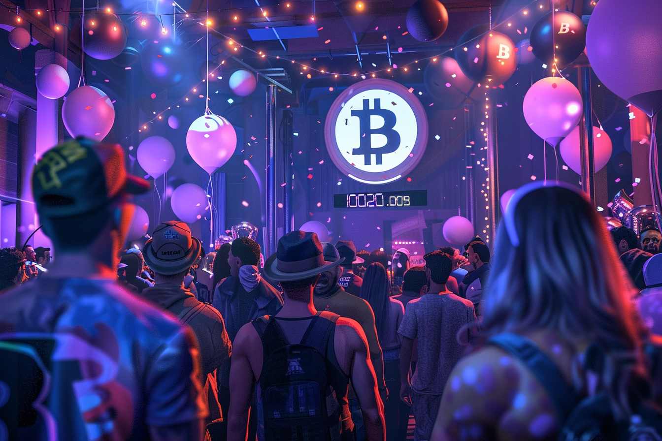 impreza użytkowników krypto czekającego na miliardowego użytkownika, wokół balony i duże logo bitcoina w centralnej części sali