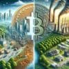 Bitcoin w centrum futurystycznego miasta.