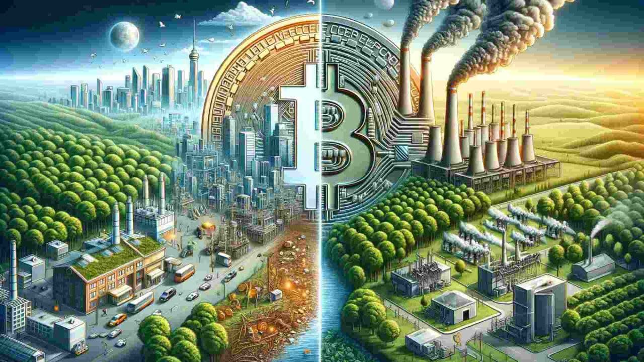 Bitcoin w centrum futurystycznego miasta.