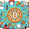 Ludzie zgromadzeni wokół okrągłego stołu na którym leży pizza z logiem Bitcoina