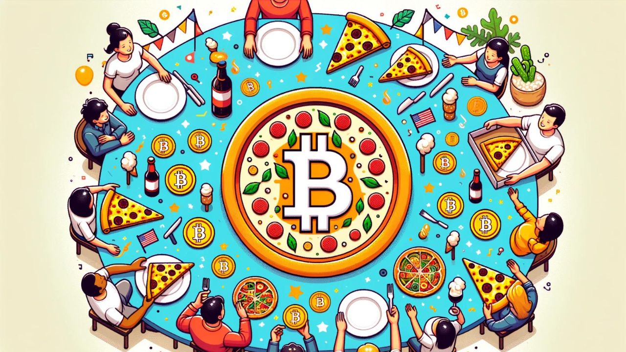 Ludzie zgromadzeni wokół okrągłego stołu na którym leży pizza z logiem Bitcoina