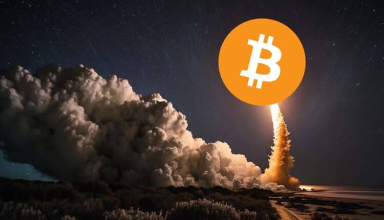 Start rakiety Bitcoin, dym, ciemne niebo.