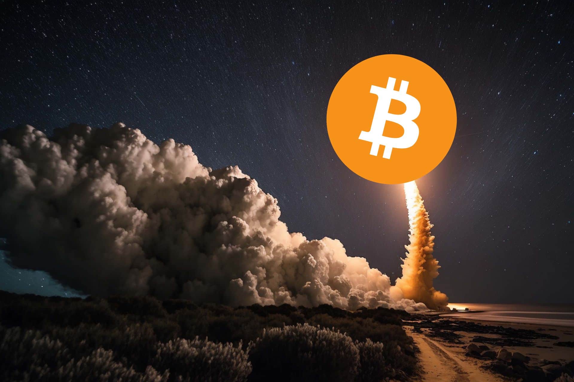Start rakiety Bitcoin, dym, ciemne niebo.