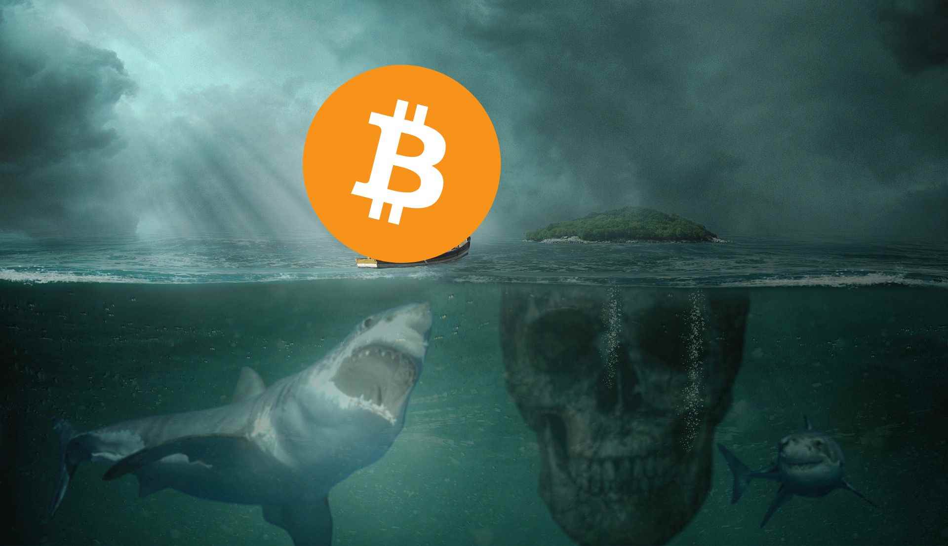 Bitcoin na łodzi. Pod wodą rekin zmierzający w stronę BTC. W tle czaszka.