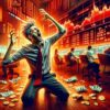 młody człowiek krzyczący na kolanach, w tle czerwone ekrany z wykresami kryptowaluty bitcoin