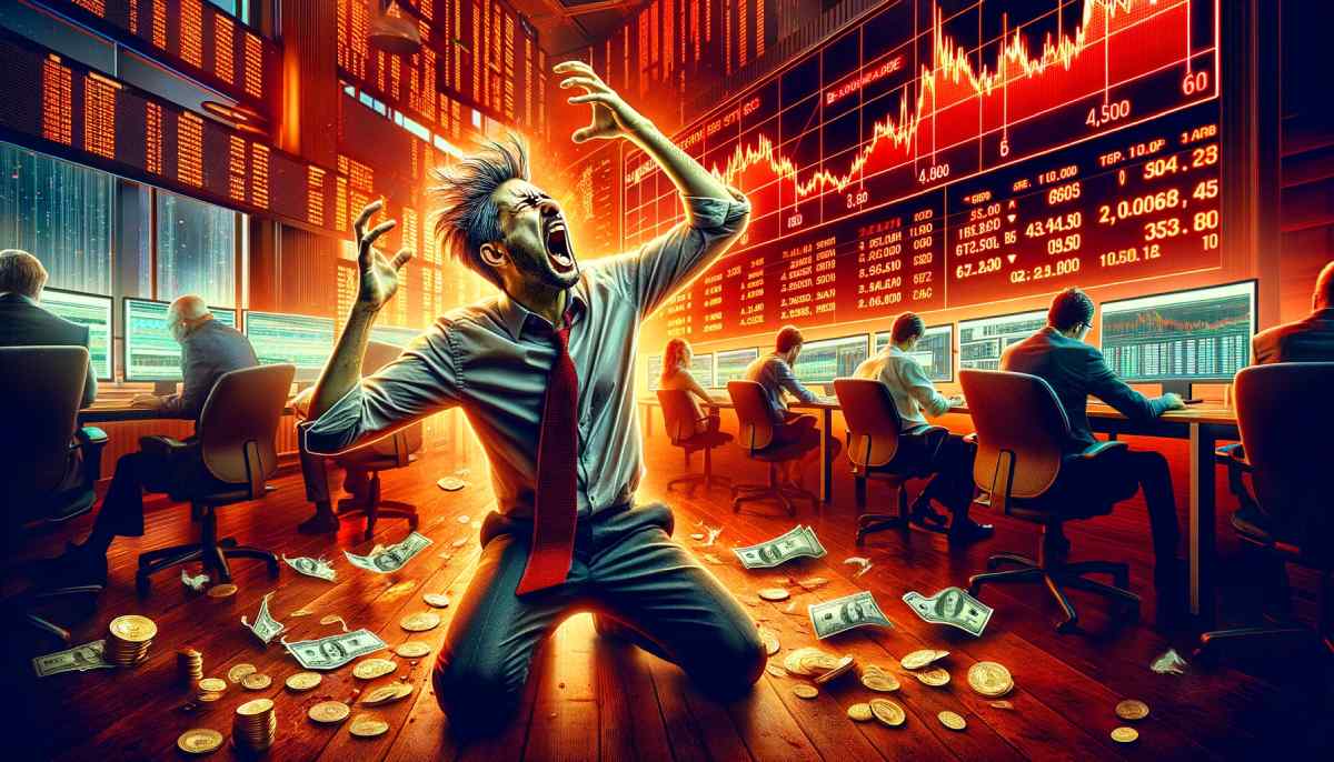 młody człowiek krzyczący na kolanach, w tle czerwone ekrany z wykresami kryptowaluty bitcoin