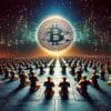 Unosząca się wielka moneta Bitcoin, do której modlą się wyznawcy