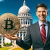 urzędnik stanu Wisconsin trzymający monetę bitcoin, w tle Kapitol Stanowy Wisconsin